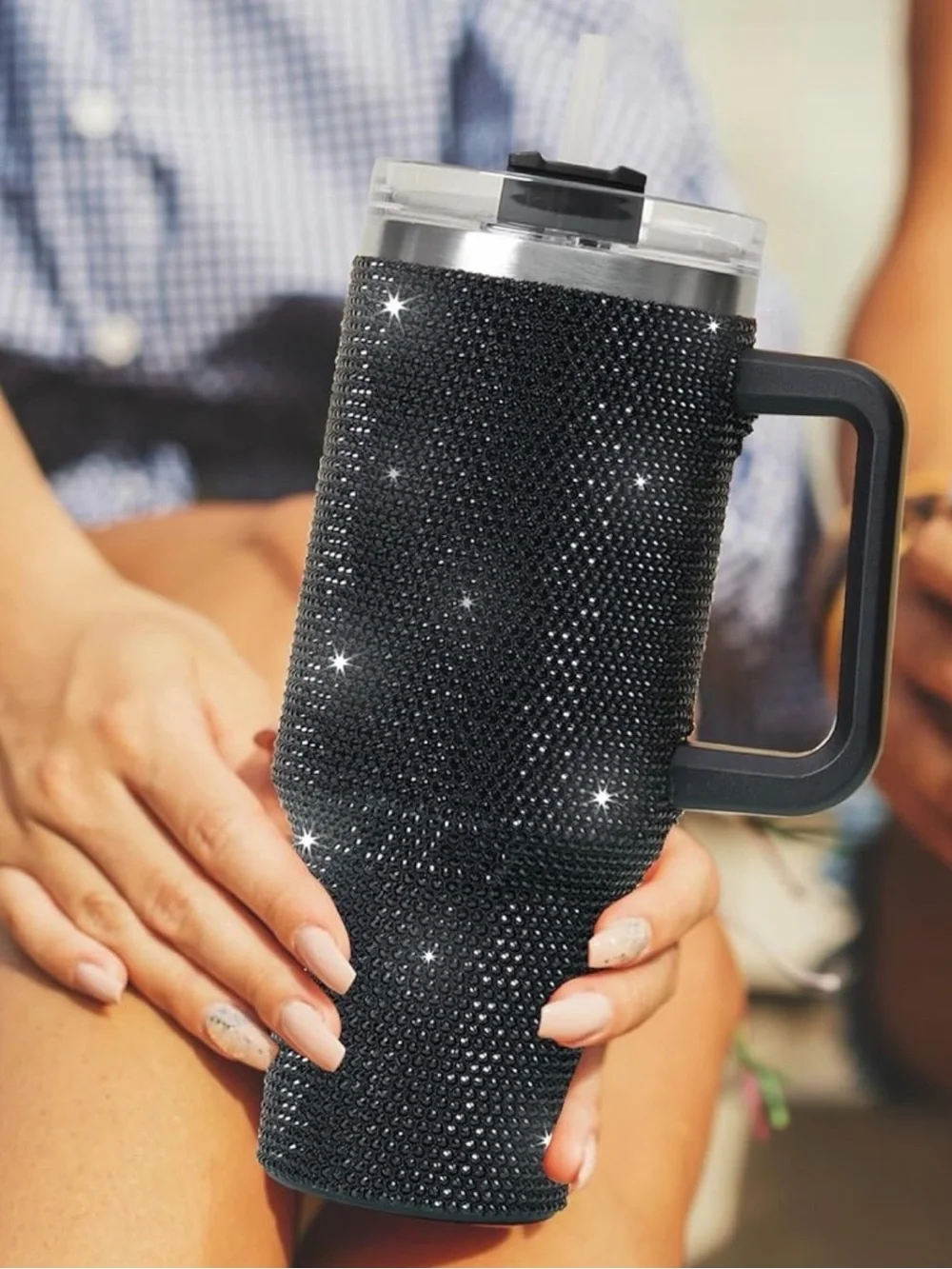 Black Rhinestone Bling Travel Tumbler Spill-Proof Lid Straw Handle 40 ounces NIB